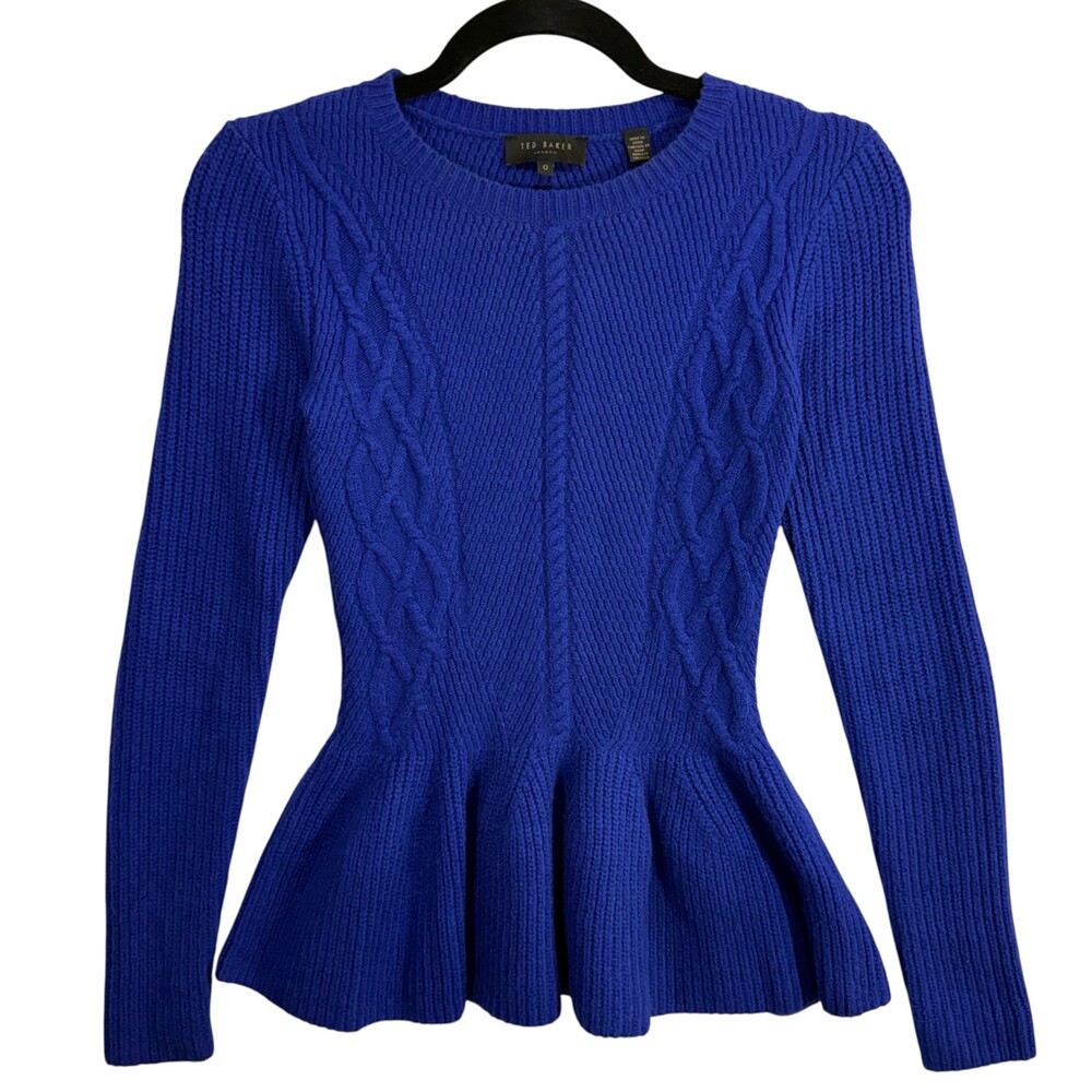 Ted Baker‎ XS Cable Knit Peplum Sweater Royal Blue Fitted Waist Top Long Sleeve